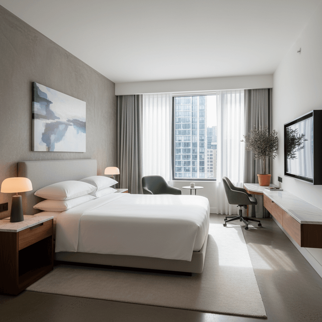 Clean, well-maintained hotel room with fresh linens and modern decor