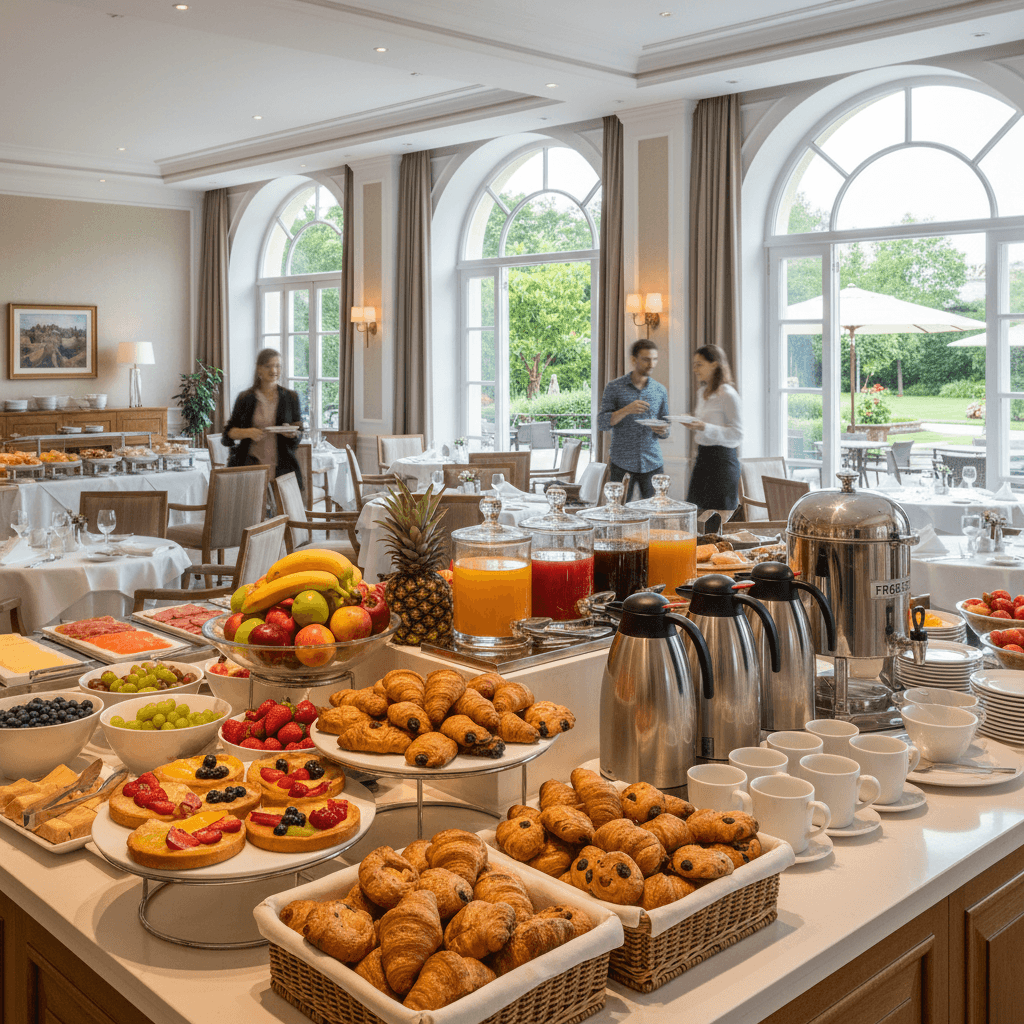 Complimentary breakfast spread with fresh pastries, coffee, and fruit